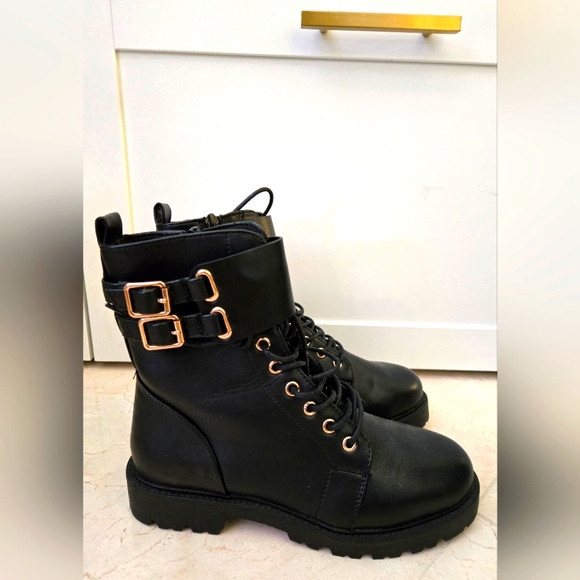 ASOS Black Lace Up Boots with Gold Buckles - Picture 1 of 2